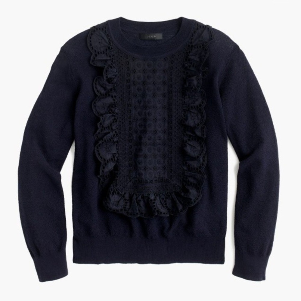 J.Crew Navy Blue Lace Eyelet Bib Ruffle Front Summerweight Cotton Sweater XXS - Picture 4 of 10